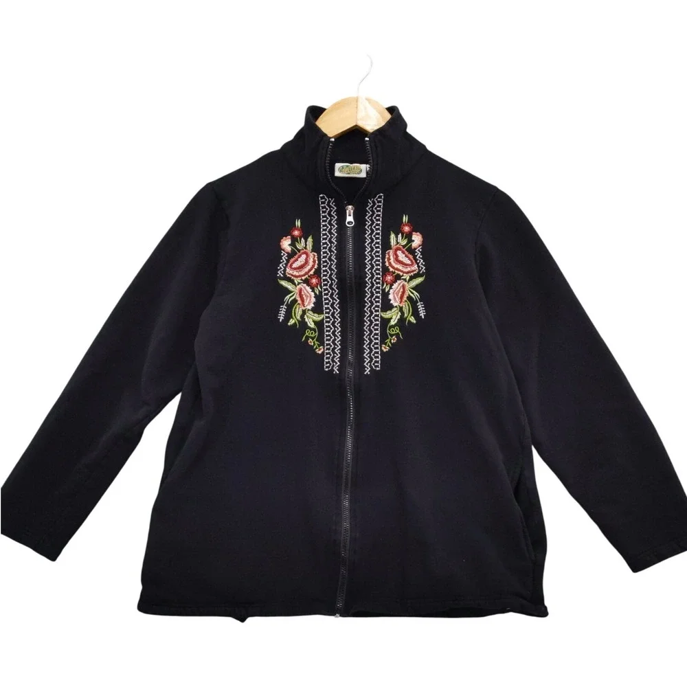 Collections etc‎ Black Embroidered Floral Full Zip Mock Neck Jacket Sz M